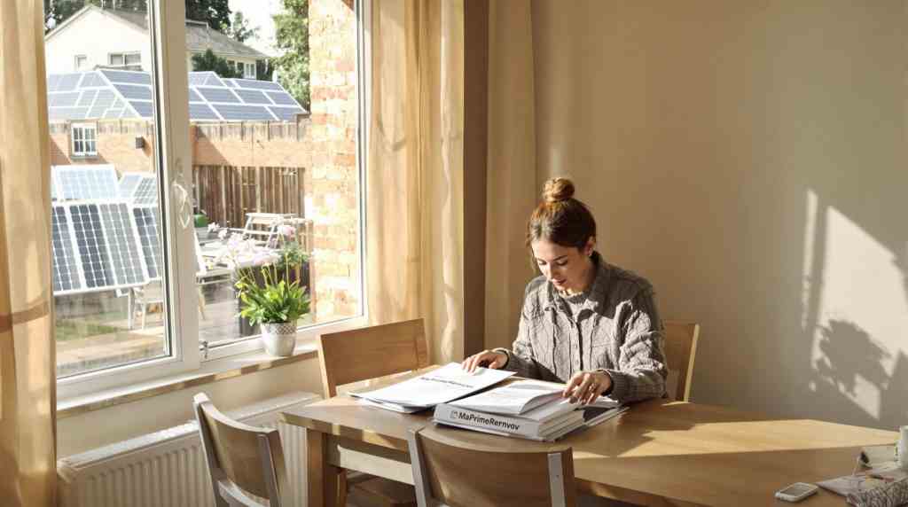 Woman reviewing documents at a table with solar panels visible outside.