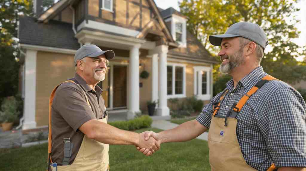 Two men in work clothes shaking hands in front of a house.