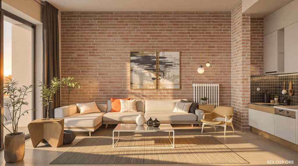 Modern living room with brick wall and open kitchen.