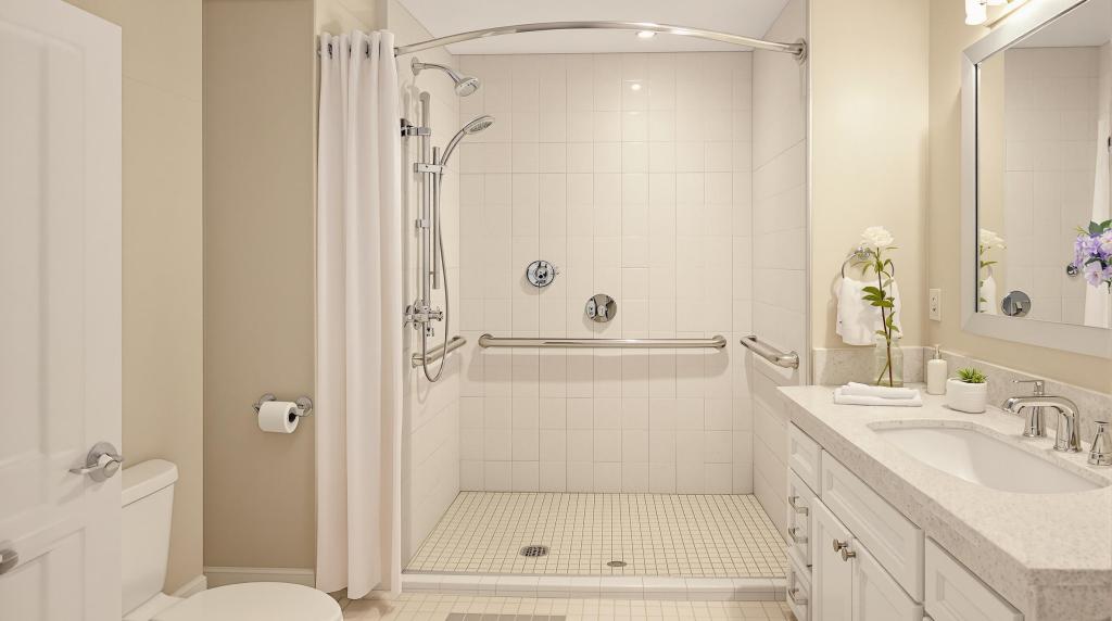 Accessible bathroom with walk-in shower and grab bars.