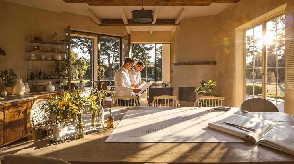 Two men reviewing plans in a sunlit room.