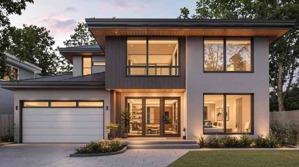 Exterior view of a modern two-story house at dusk