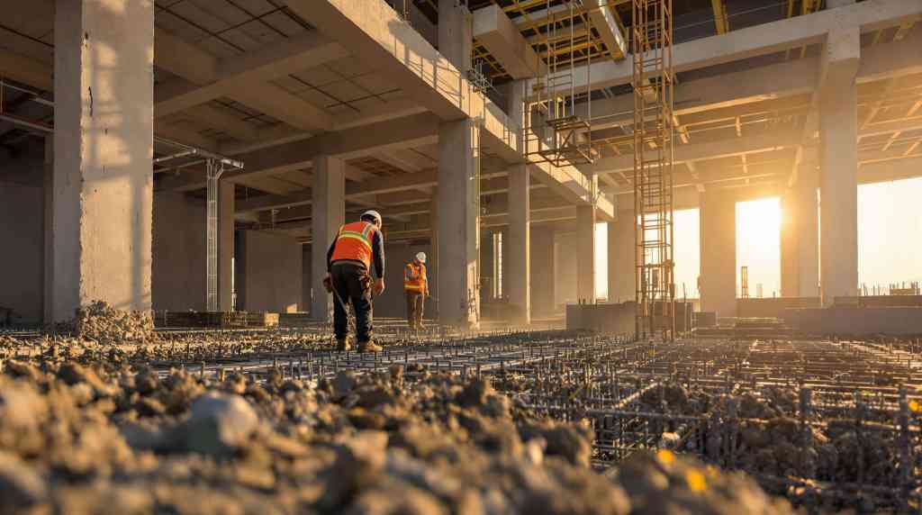 Construction site with workers and rebar