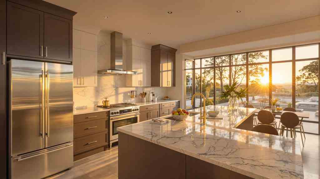 Modern kitchen with sunset view