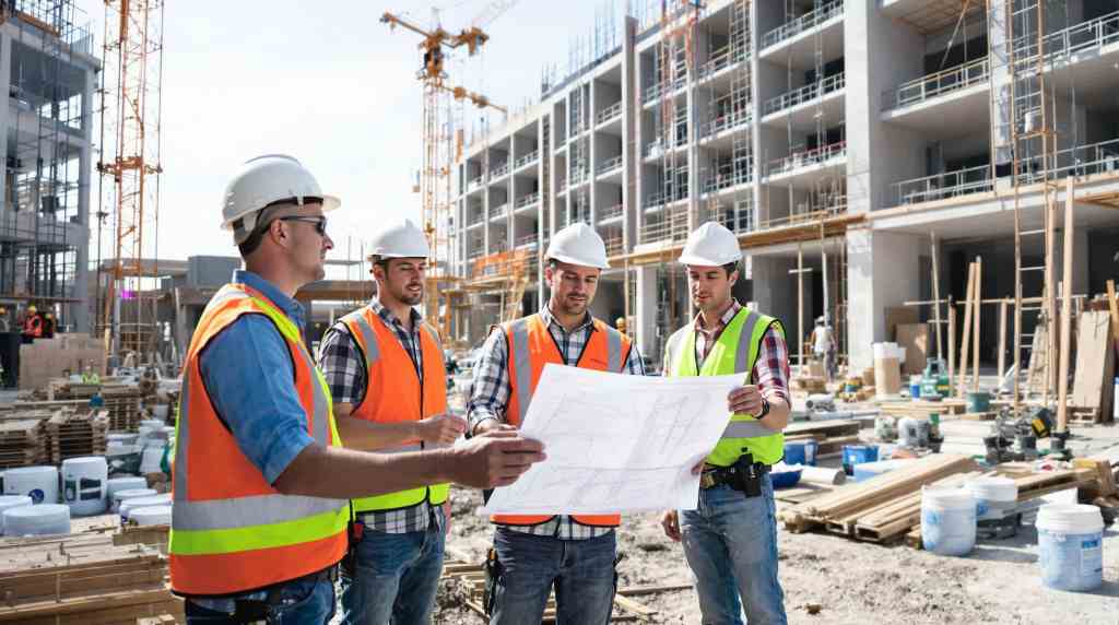 Construction workers reviewing blueprints on site.