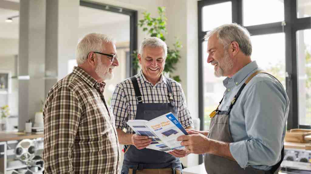 Three men reviewing solar panel information.