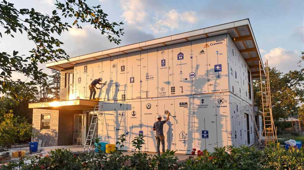 Construction workers installing insulation on a modern house.