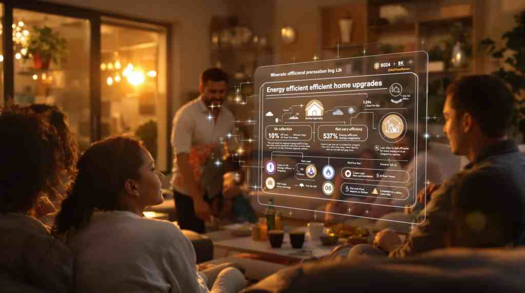 Energy-efficient home upgrades infographic displayed during a gathering.
