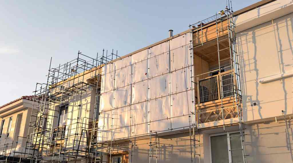 House under construction with scaffolding and insulation.