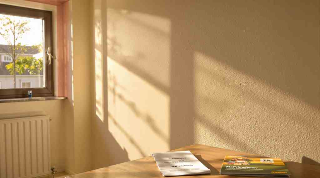 Interior with window, radiator, and renovation brochures.